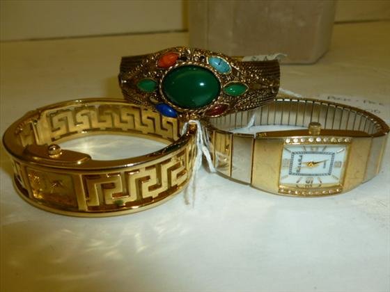 3 ladies solid band watches: 3 ladies solid band watches - Peck and Peck - Inca Swiss made - multi colored stones gold tone cases and bands