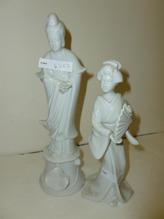 2 Porcelain Chinese figurines: 2 Porcelain Chinese figurines white in color one marked - Fitz and Floyd - 7 - 10 tall - good condition