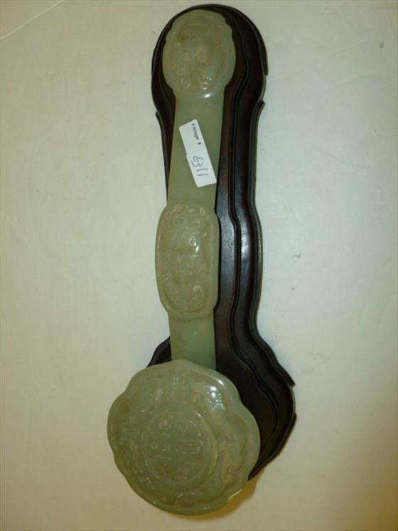 Pale green Jade carved family seal - belt hook: Pale green Jade carved family seal - belt hook or Ruyi ceremonial scepter in fitted wood base - 13 long - old piece in great condition