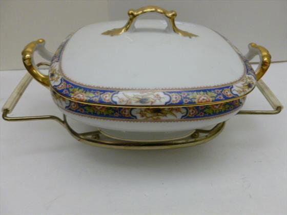 Limoges France Vignaud covered casserole dish: Limoges France Vignaud covered casserole dish with metal holder - Frederick Loeser & Co Brooklyn N.Y. flowers and birds with gold trim