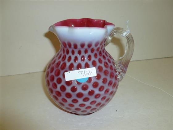 Cranberry opal glass pitchers: Cranberry opal glass pitchers ribbed applied handle dot design ruffled top-7 tall-very nice old piece