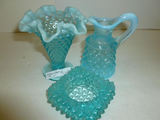 3 pc hobnail opal vase dish & cruet: 3 pc Aqua hobnail opal vase dish and cruet no stopper 4"