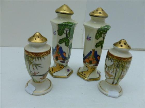 2 pair hand painted oriental salt and peppers sets: 2 pair hand painted oriental salt and peppers sets gold trim oriental scenes marked on bottom in script2 1/2 to 4 tall