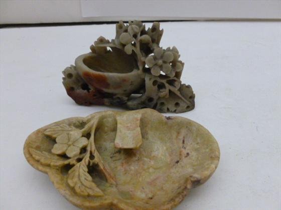 2 piece soapstone ashtray and small vase: 2 piece soapstone ashtray and small vase - carved flowers nice coloring 4 long