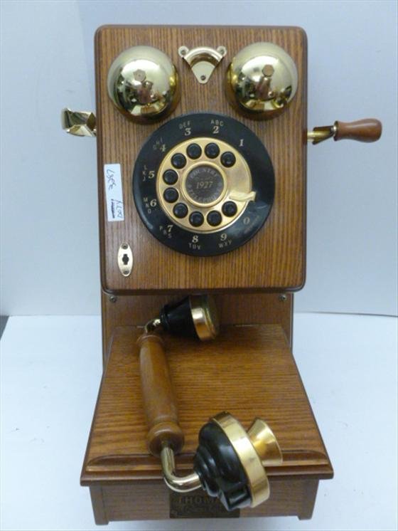 Wall phone Thomas Collectors Edison: Wall phone Thomas Collectors Edison push bottom in wood - crank style plug in ready - 17 by 8 - country 1927 brass accents