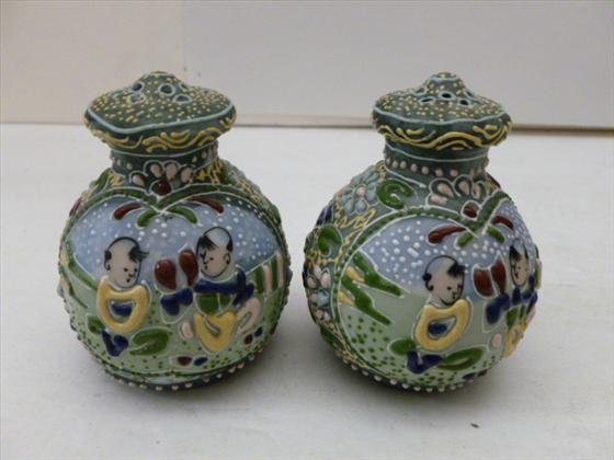 Pair Royal Nippon/Coralene salt and pepper shakers: Pair Royal Nippon/Coralene salt and pepper shakers - round 3" embossed oriental children multi colors flowers