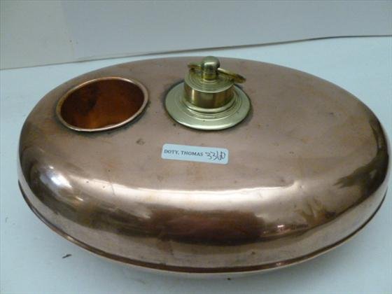 Copper and brass oval warmer: Copper and brass oval warmer screw off brass top to fill - 12 by 4 - interesting piece