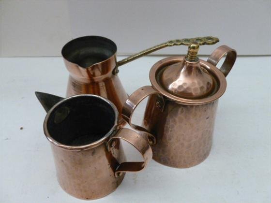 3 pc copper and brass creamer sugar: 3 pc copper and brass creamer sugar - 2 hand hammered one with brass long handle 3 - 4 1/2"