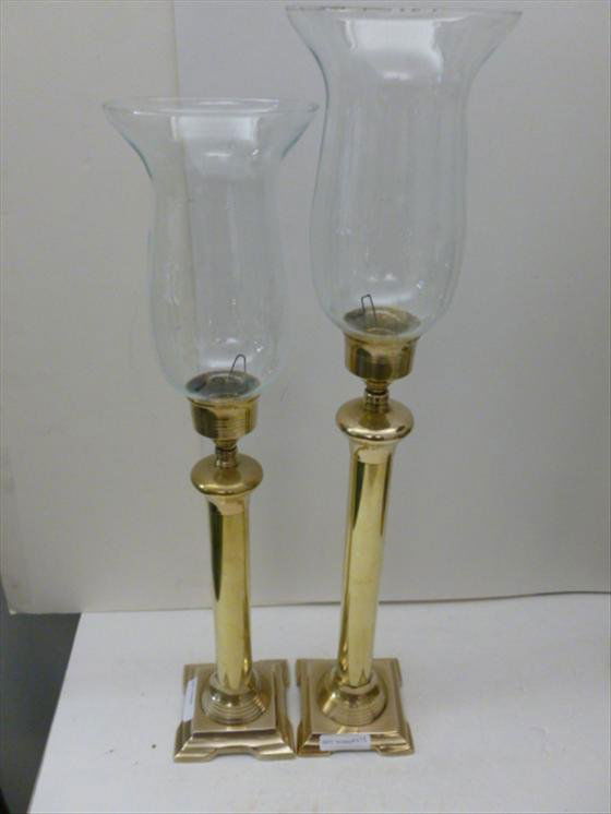 Pair brass and glass candle holders: Pair brass and glass candle holders square base - hurricane style shades - 22 1/2 tall nice for dining table clean and shiny