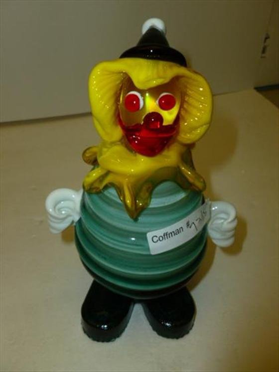 Murano glass - Clown: Murano glass - Clown with green feet and hat yellow hair and collar green swirl middle red face - 6 1/2 tall