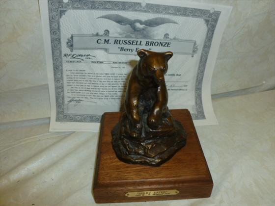 C.M. Russell bronze limited 100- Berry Eater-: C.M. Russell bronze limited 100- Berry Eater- with COA- circa 1900 5 by 4 by 4-wood square base-
