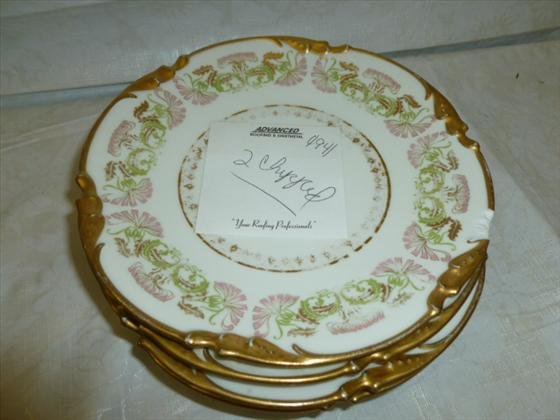 6 porcelain dishes JP France: 6 porcelain dishes JP France- Jordan Marsch Co.- pink green gold trim 2 have chip 7 1/2 dia.