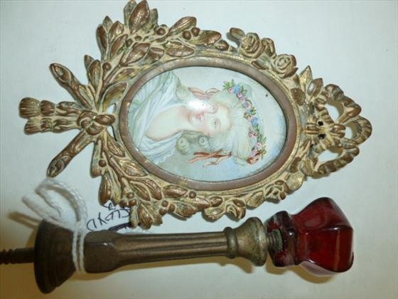 2 pc- glass knob door stopper & plaque: 2 pc- red glass knob door stopper and hand painted porcelain mini wall plaque-marked Princess De Lamballe in brass frame-4 1/2"