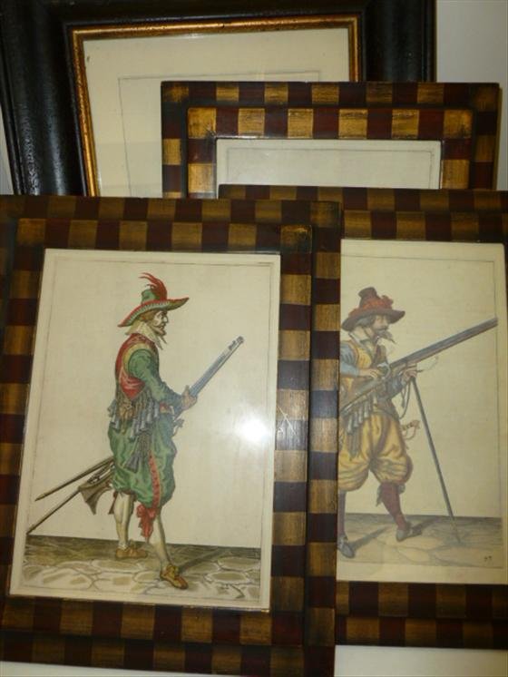 4 pc -Fusiliers pictures in Trowbridge frames: 4 pc -pictures- Fusiliers pictures in Trowbridge frames-22-39--41-43-Euoropean men with long rifles- multi colors-8 by 11-12 by 15 square design of frames