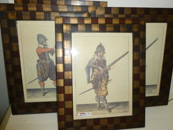 4 pc -Fusiliers pictures: 4 pc -pictures- Fusiliers pictures in Trowbridge frames-7-4-10-11-Euoropean men with long rifles- multi colors-8 by 11-12 by 15 square design of frames