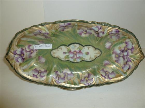 Oblong Porcelain dish: Oblong Porcelain dish-Hand Painted Nippon- matt finish green with purple flowers and gold trim-12 long