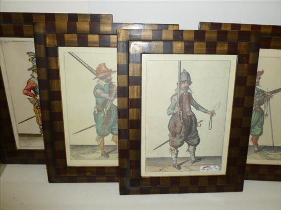 4 pc -Fusiliers pictures: 4 pc -pictures- Fusiliers pictures in Trowbridge frames-33-37-39--European men with long rifles- multi colors-8 by 11-12 by 15 square design of frames