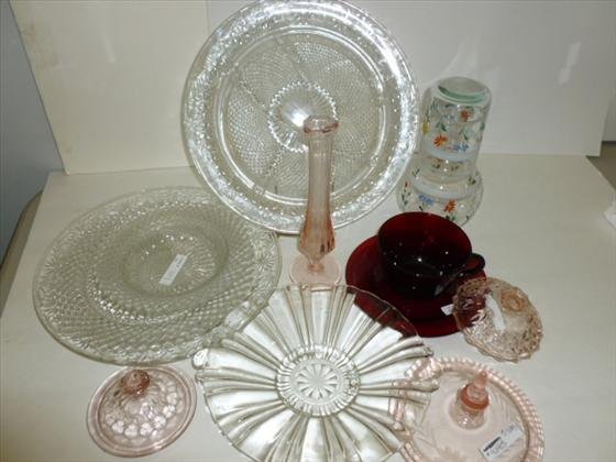 Lot of 12 misc depression glass: Lot of 12 misc depression glass pcs. Pink red and clear- chop plates water set lids cup and saucer vase- nice assortment