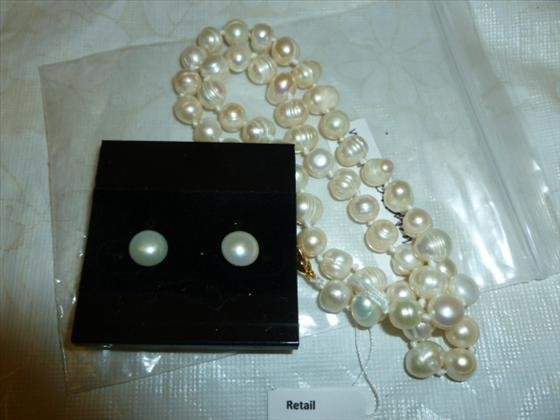 Fresh water pearls- necklace hand knotted 8-9 MM 16": Fresh water pearls- necklace hand knotted 8-9 MM 16" white in color with pierced earrings