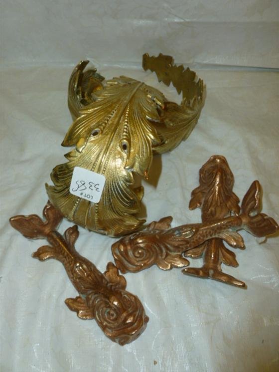 5 pc brass and copper curtain pull backs leaf shape: 5 pc brass and copper curtain pull backs leaf shape with 3 oriental fish 5 1/2 long-