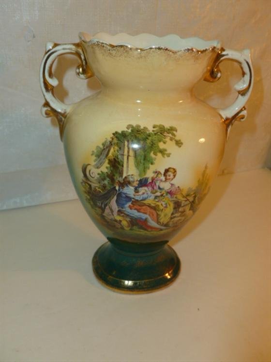 Hand painted porcelain vase Faloon ware-N362: Hand painted porcelain vase Faloon ware-N362- front and back scenes gold trim green bottom10 Tall flowers and people with sheep