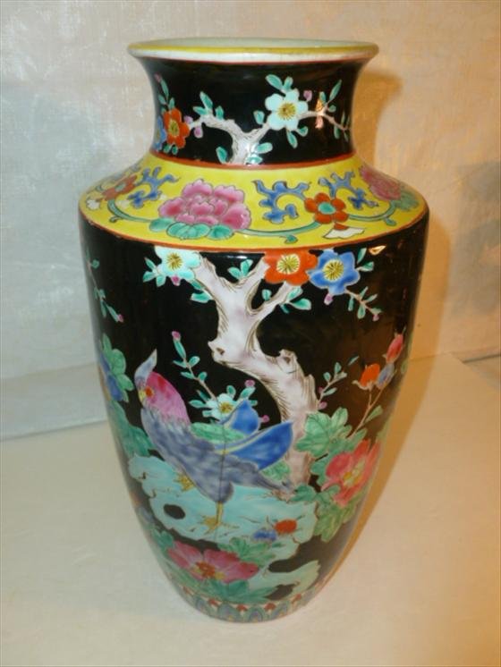 Porcelain Nippon marked - oriential style vase: Porcelain Nippon marked - oriential style vase in bright colors-12 1/2 tall birds and flowers- vintage piece good condition