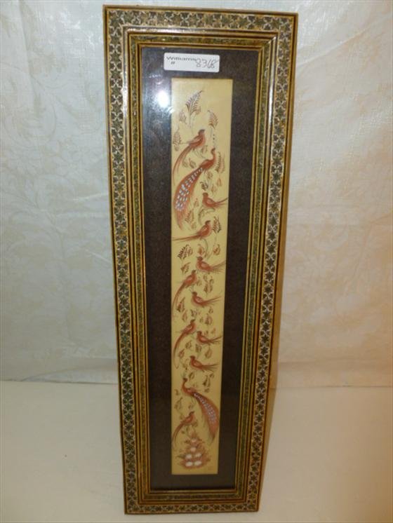 Framed /glass-carved ivory or bone: Framed /glass-carved ivory or bone? Bird plaque From Mound House Ft Myers Beach- H.Ali Sajjadi Mininaturist19 3/4 by 6 -on board -mocasic frame