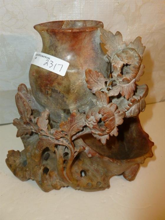 Soapstone planter with vase on top: Soapstone planter with vase on top 8 by 7 1/2 rose pink in color flower carvings nice details