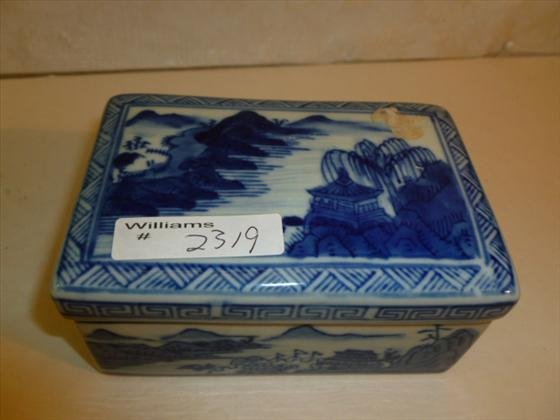 Blue and white oriental style oblong covered box: Blue and white oriental style oblong covered box- 2 1/2 -5-3 1/4 no markings water and mountain scene