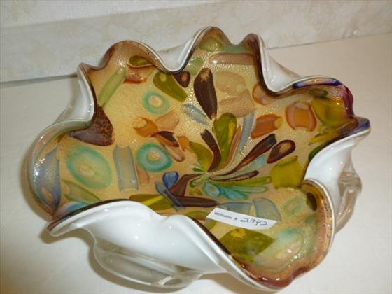 Art glass cased glass candy dish from the 60-s: Art glass cased glass candy dish from the 60-s gold flakes multi colored design white back-9 1/2" dia-