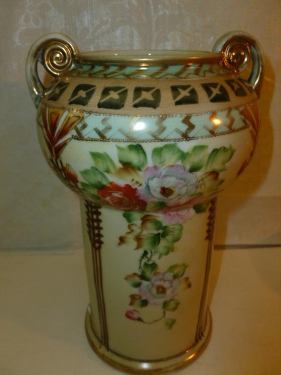 Oriental vase Porcelain hand painted Nippon: Oriental vase Porcelain hand painted Nippon colored flowers gold trim9 tall top handles-