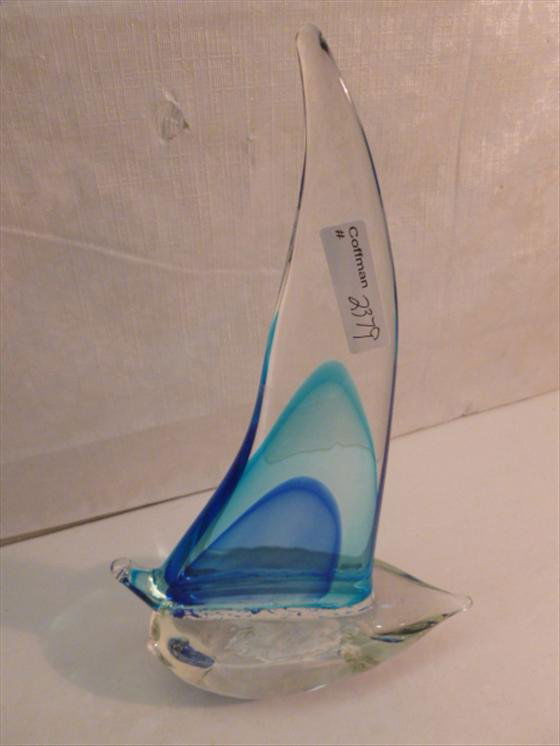 Murano glass sail boat: Murano glass sail boat in clear and blue color-11 1/2 tall