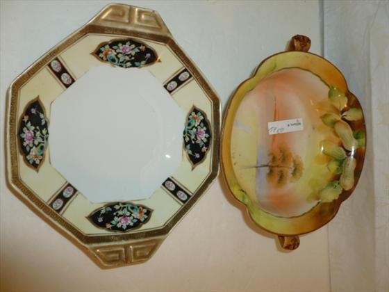 2 pc Hand painted Nippon porcelain bowls: 2 pc Hand painted Nippon porcelain bowls -green marks- 6 1/2 dia. Different shape and design - trees- flowers