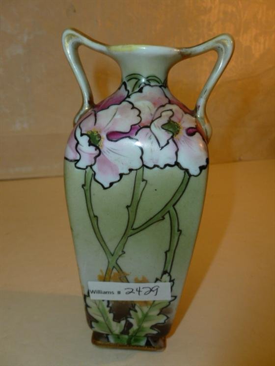 Hand painted Nippon handle vase: Hand painted Nippon handle vase in green with pink flowers-7 tall square shaped