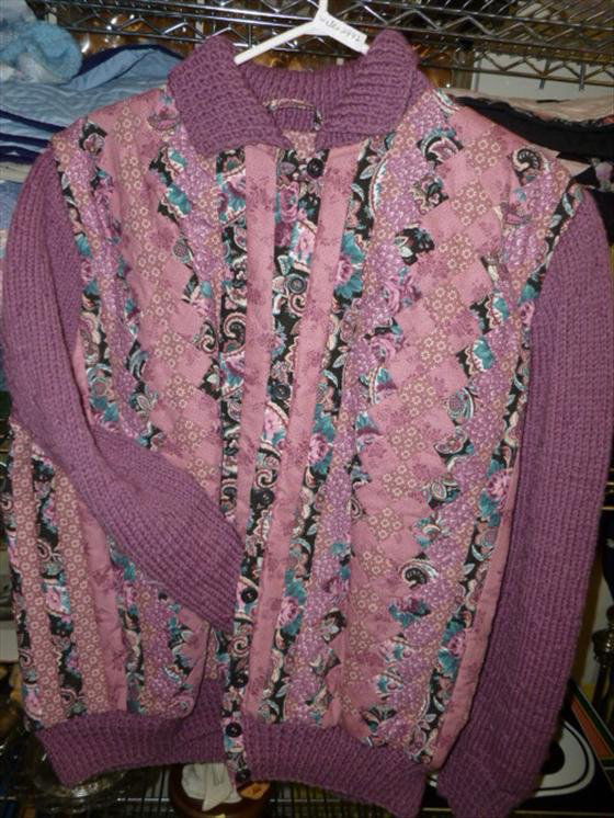 Hand made and crochet Mennonite sweater jacket: Hand made and crochet Mennonite sweater jacket small size- in lavender and pink with aqua designs- new condition