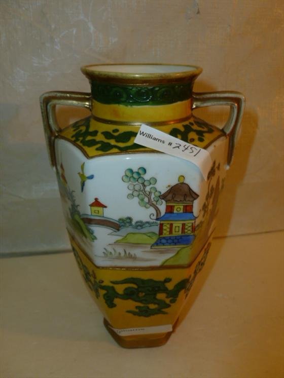 Hand painted Nippon 6 sided handle vase: Hand painted Nippon 6 sided handle vase- oriental scene with green and yellow trim- 7 1/2 tall