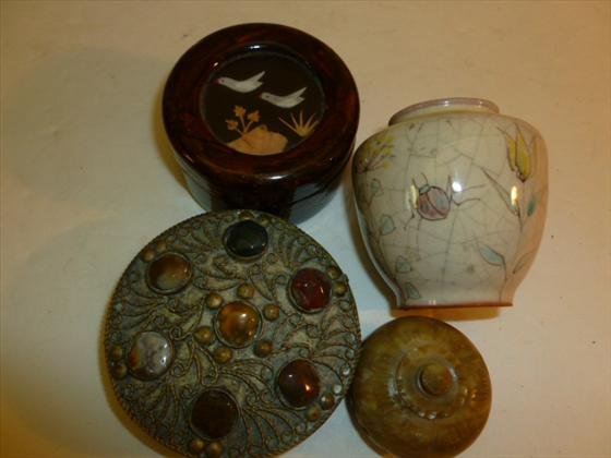 4 pc trinket boxes: 4 pc trinket boxes- metal with gems stoneware pottery and wood -different heights and dia. All good condition