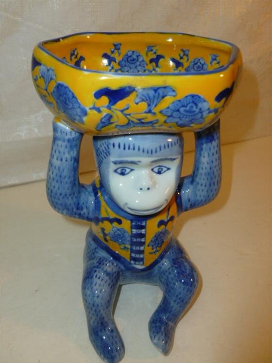 Porcelain monkey with dish on head: Porcelain monkey with dish on head blue and yellow 8 tall nice candy or business card holder -or peanuts