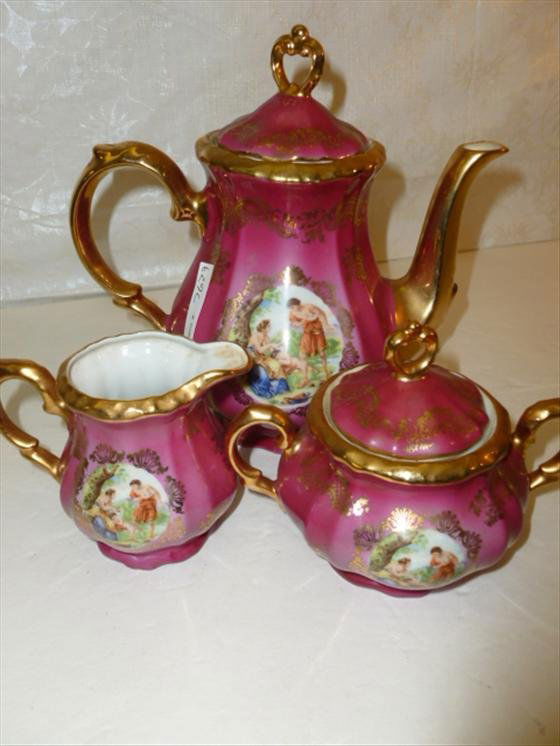 3 pc set-Germany- Bareuther-tea pot creamer sugar: 3 pc set-Germany- Bareuther-tea pot creamer sugar- gold trim hand painted rose color -pot 7 1/2 tall -man women and child scene