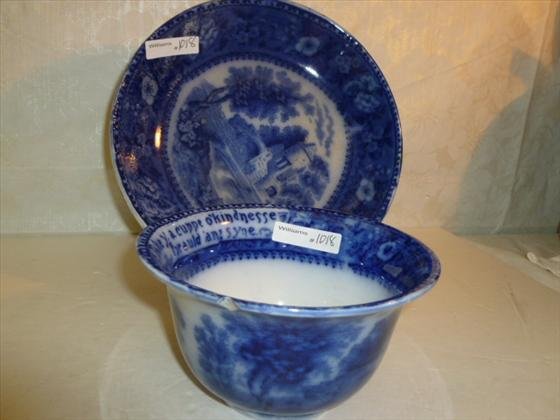 2 piece flow blue large cup and bowl RM & Co: 2 piece flow blue large cup and bowl RM & Co. small chip in cup rim- -bowl 8 1/2 dia- cup 6 by 3 1/2