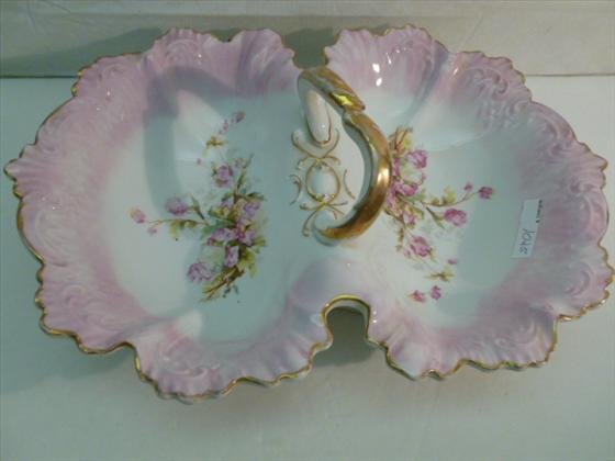 Large divided porcelain dish: Large divided porcelain dish with center handle gold trim colored pink flowers German or Austria style-10 by 14 excellent