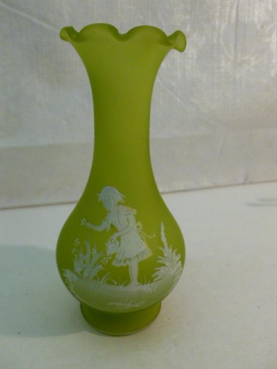 Mary Gregory style lime green ruffled top glass vase: Mary Gregory style lime green ruffled top glass vase-girl picking flowers-6 1/4 tall very good condition