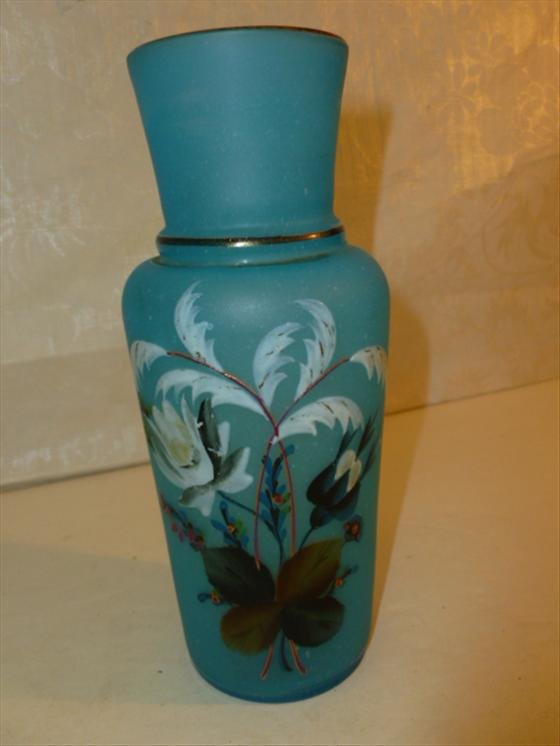 Bristol glass vase in robins egg blue: Bristol glass vase in robins egg blue with hand painted flowers gold trim 7 tall -nice looking piece