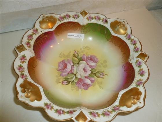 nM.Z. Austria double marked- large bowl: nM.Z. Austria double marked- large bowl with colored roses and gold trim-3 1/2 by 11 little wear on the gold