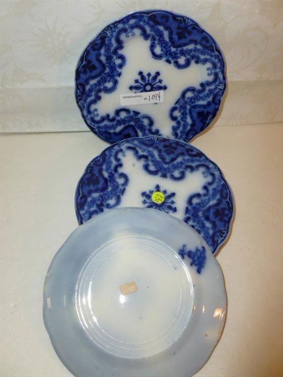 6 flow blue 6" dishes Knox New Wharf England: 6 flow blue 6" dishes Knox New Wharf England-1 chip on under side and 2 small nips on rim- clean crisp plates