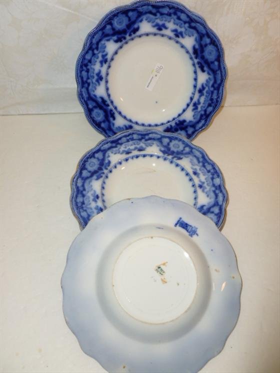 4 flow blue bowls-9" scalloped edge-Crumlin: 4 flow blue bowls-9" scalloped edge-Crumlin-some wear and few chips in the rim-nice old pieces