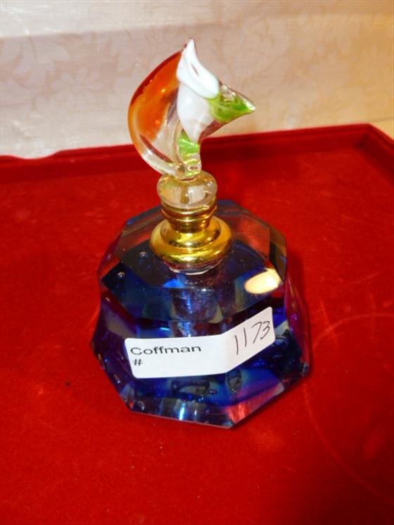 Murano glass 8 sided perfume with dabber: Murano glass 8 sided perfume with dabber- gold tone center cobalt blue body with colored swirl top-4"