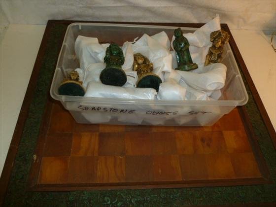 Soapstone chess set with wood inlaid board: Soapstone chess set with wood inlaid board-20 3/4 square-