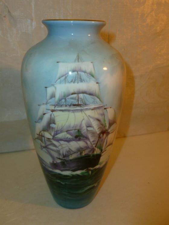 Porcelain vase-Noritake Nippon Toki -sailing ship on f: Porcelain vase-Noritake Nippon Toki -sailing ship on front & back on blue and green waves signed by artist- Y.Ivieno-9" Nice
