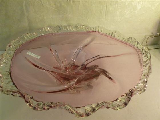 Murano glass extra large footed round center piece dish: Murano glass extra large footed round center piece dish in cranberry with clear ruffled band and swirl base-5 by 17- great piece